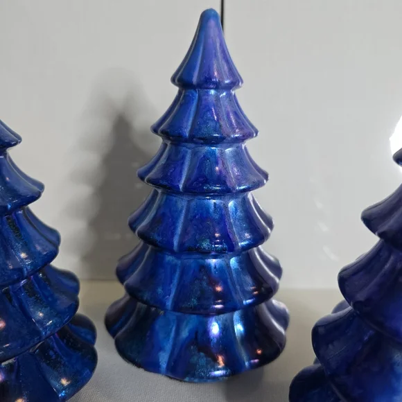 3 HANDCRAFTED Upcycled Blue Holiday Trees HANDPAINTED Tabletop Art Decor Artwork - Picture 11 of 12